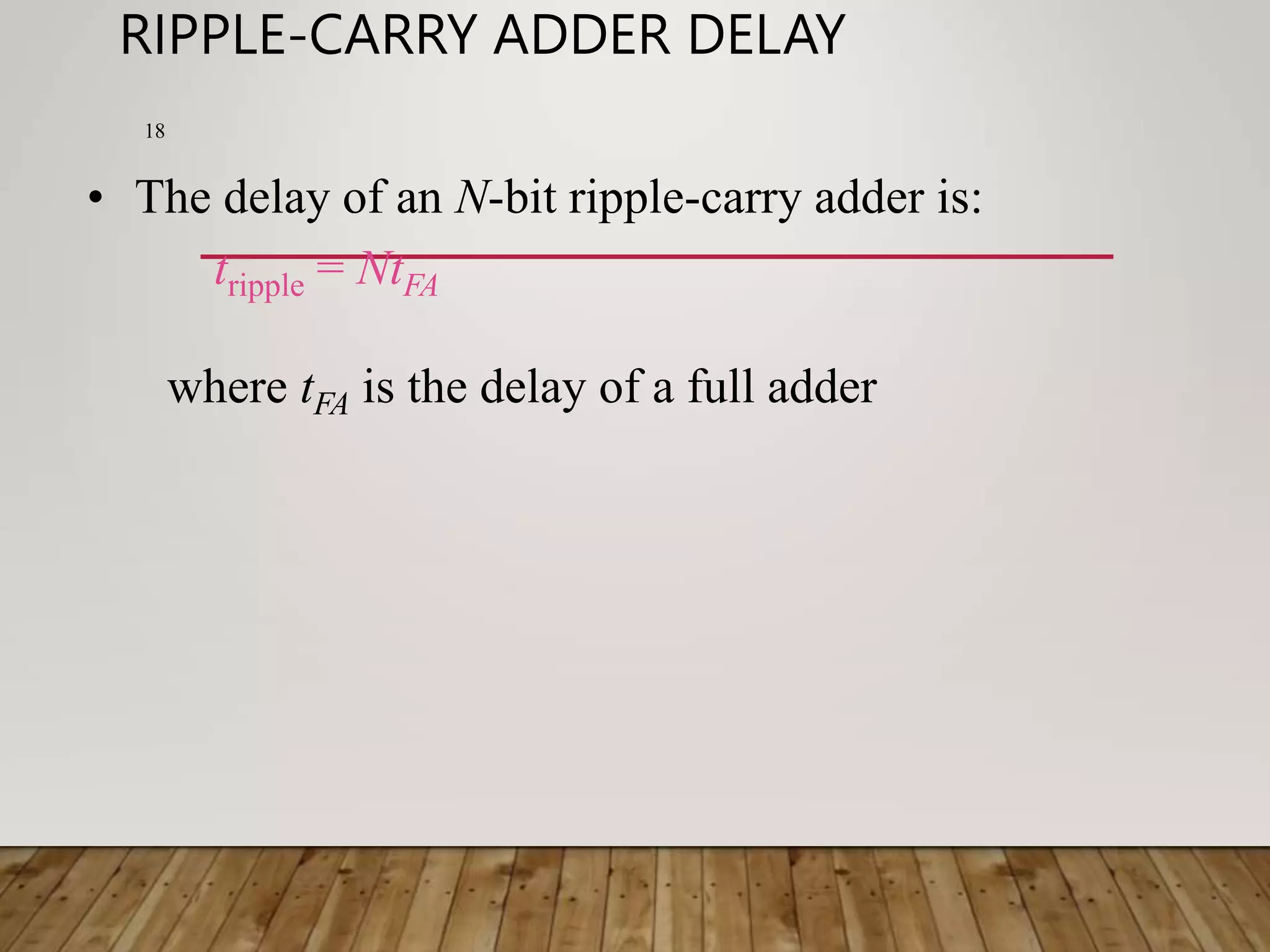 RIPPLE-CARRY ADDER DELAY 18 • The delay of an N-bit ripple-carry adder is: tripple = NtFA where tFA is the delay of a full adder 