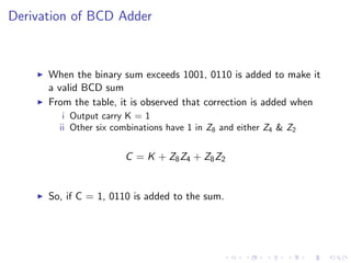 Derivation of BCD Adder
I When the binary sum exceeds 1001, 0110 is added to make it
a valid BCD sum
I From the table, it is observed that correction is added when
i Output carry K = 1
ii Other six combinations have 1 in Z8 and either Z4 & Z2
C = K + Z8Z4 + Z8Z2
I So, if C = 1, 0110 is added to the sum.
 