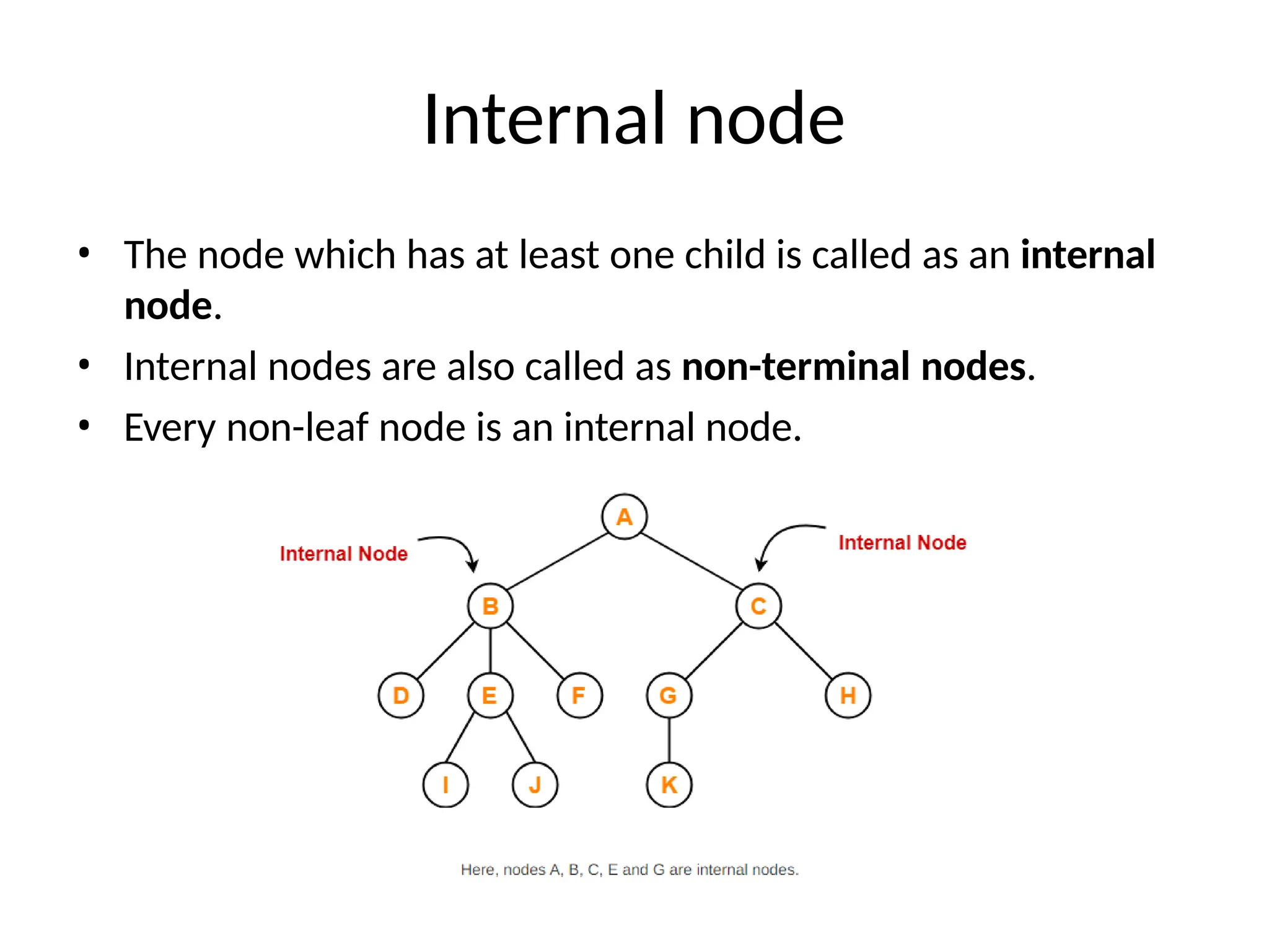 Internal node
• The node which has at least one child is called as an internal
node.
• Internal nodes are also called as non-terminal nodes.
• Every non-leaf node is an internal node.
 