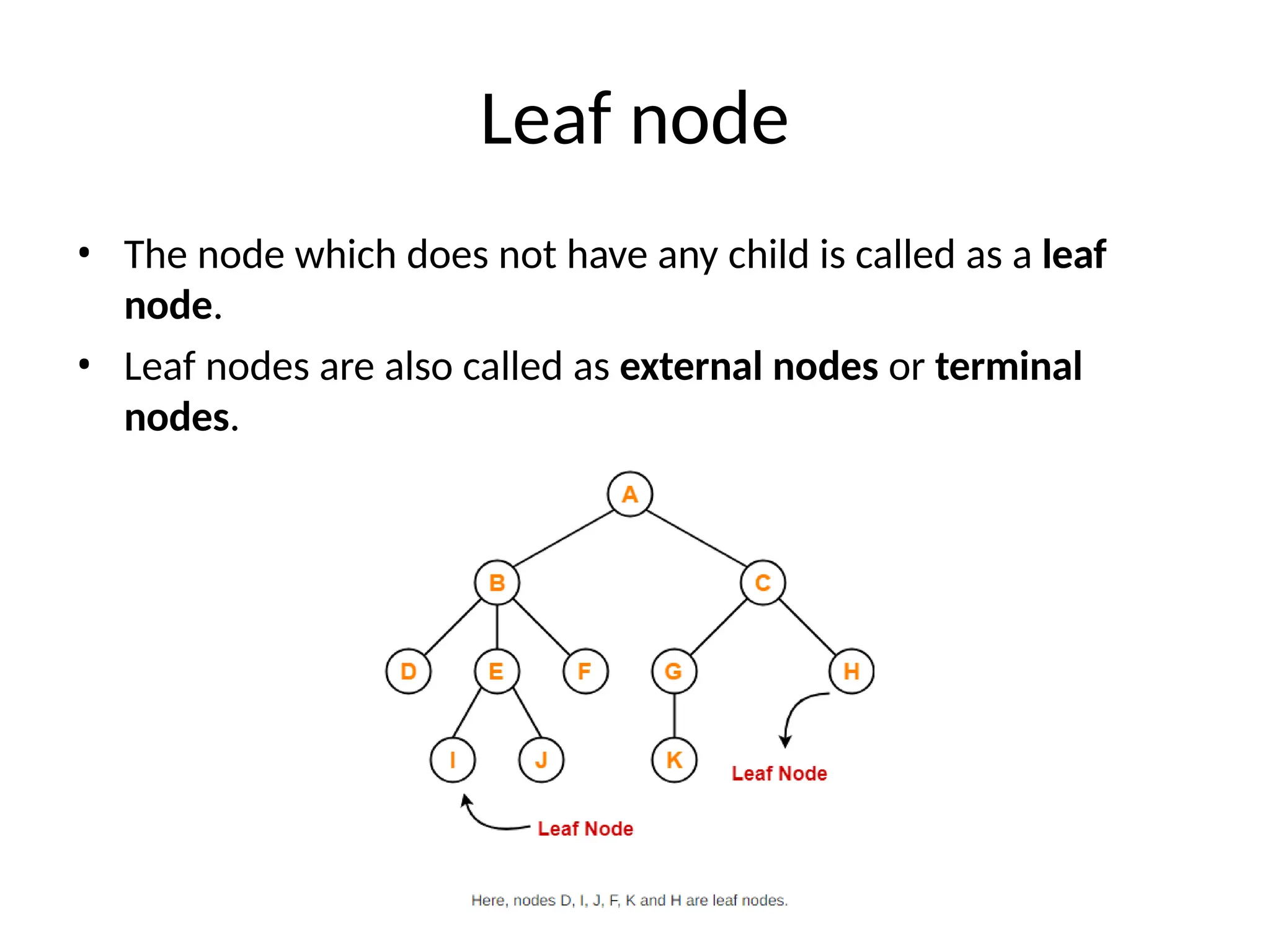 Leaf node
• The node which does not have any child is called as a leaf
node.
• Leaf nodes are also called as external nodes or terminal
nodes.
 