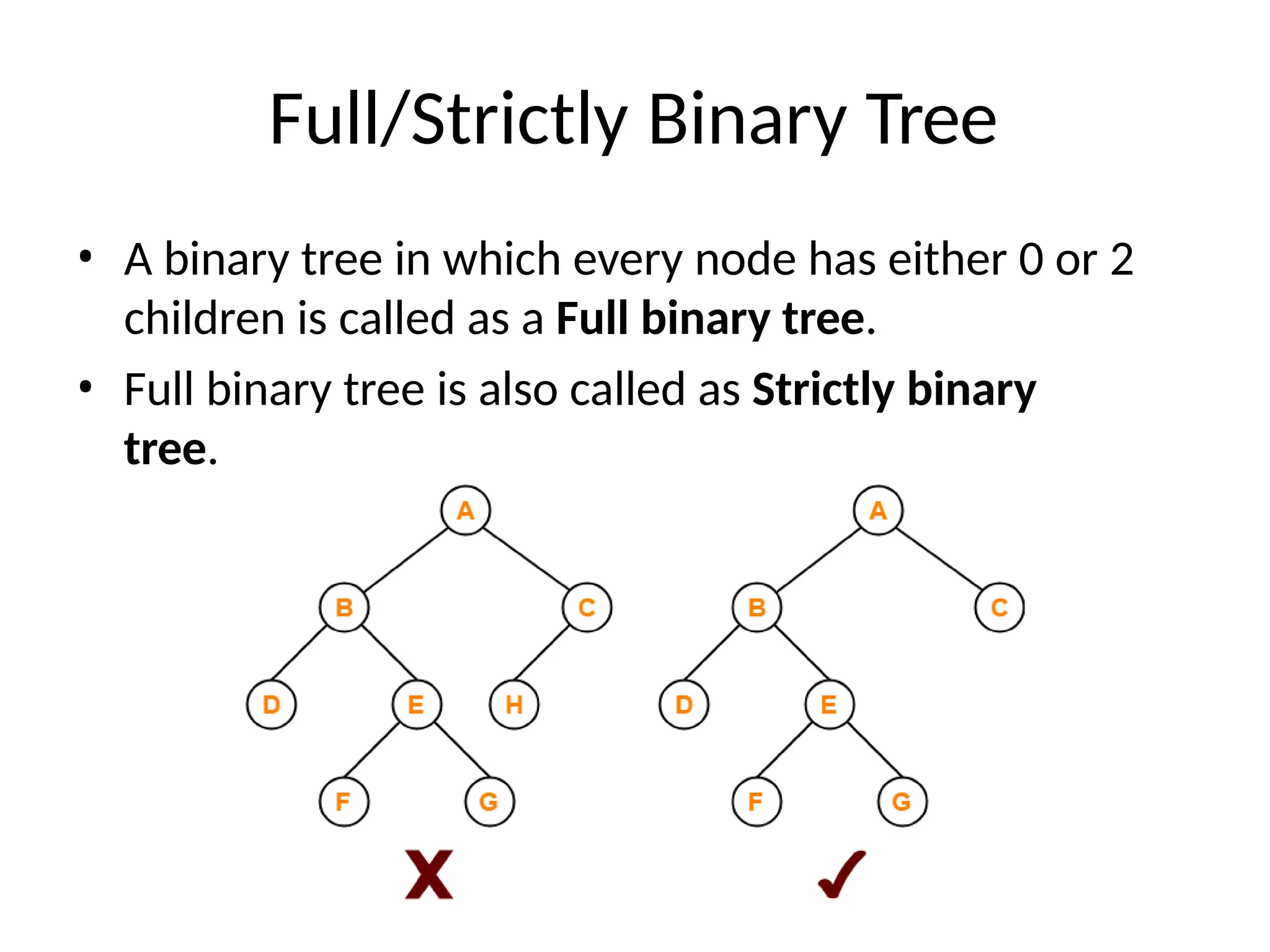 Full/Strictly Binary Tree
• A binary tree in which every node has either 0 or 2
children is called as a Full binary tree.
• Full binary tree is also called as Strictly binary
tree.
 