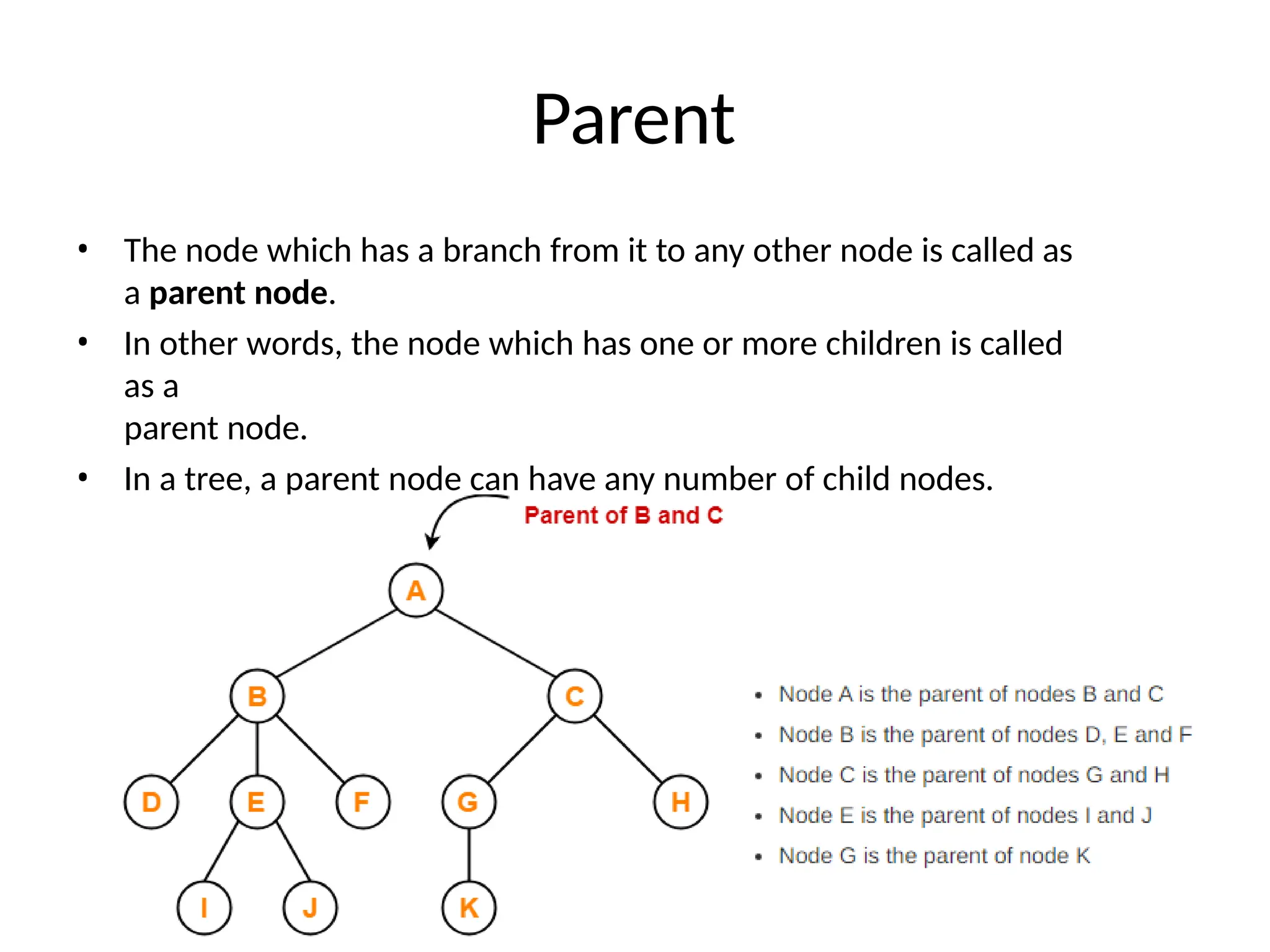Parent
• The node which has a branch from it to any other node is called as
a parent node.
• In other words, the node which has one or more children is called
as a
parent node.
• In a tree, a parent node can have any number of child nodes.
 
