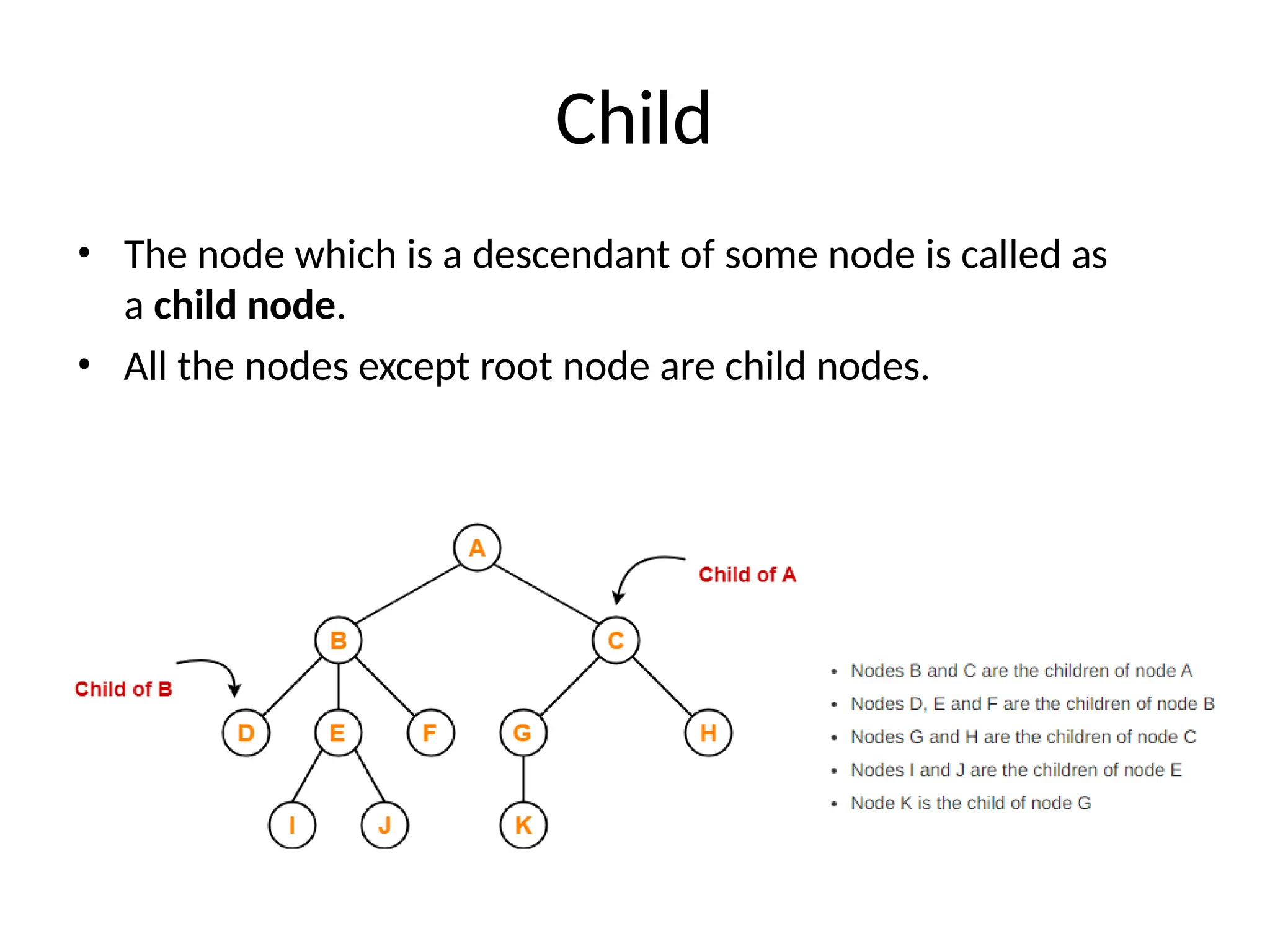 Child
• The node which is a descendant of some node is called as
a child node.
• All the nodes except root node are child nodes.
 