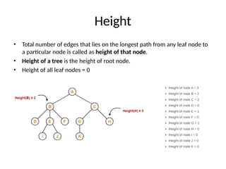 Height
• Total number of edges that lies on the longest path from any leaf node to
a particular node is called as height of that node.
• Height of a tree is the height of root node.
• Height of all leaf nodes = 0
 