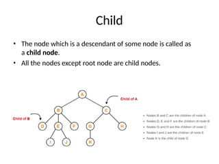 Child
• The node which is a descendant of some node is called as
a child node.
• All the nodes except root node are child nodes.
 