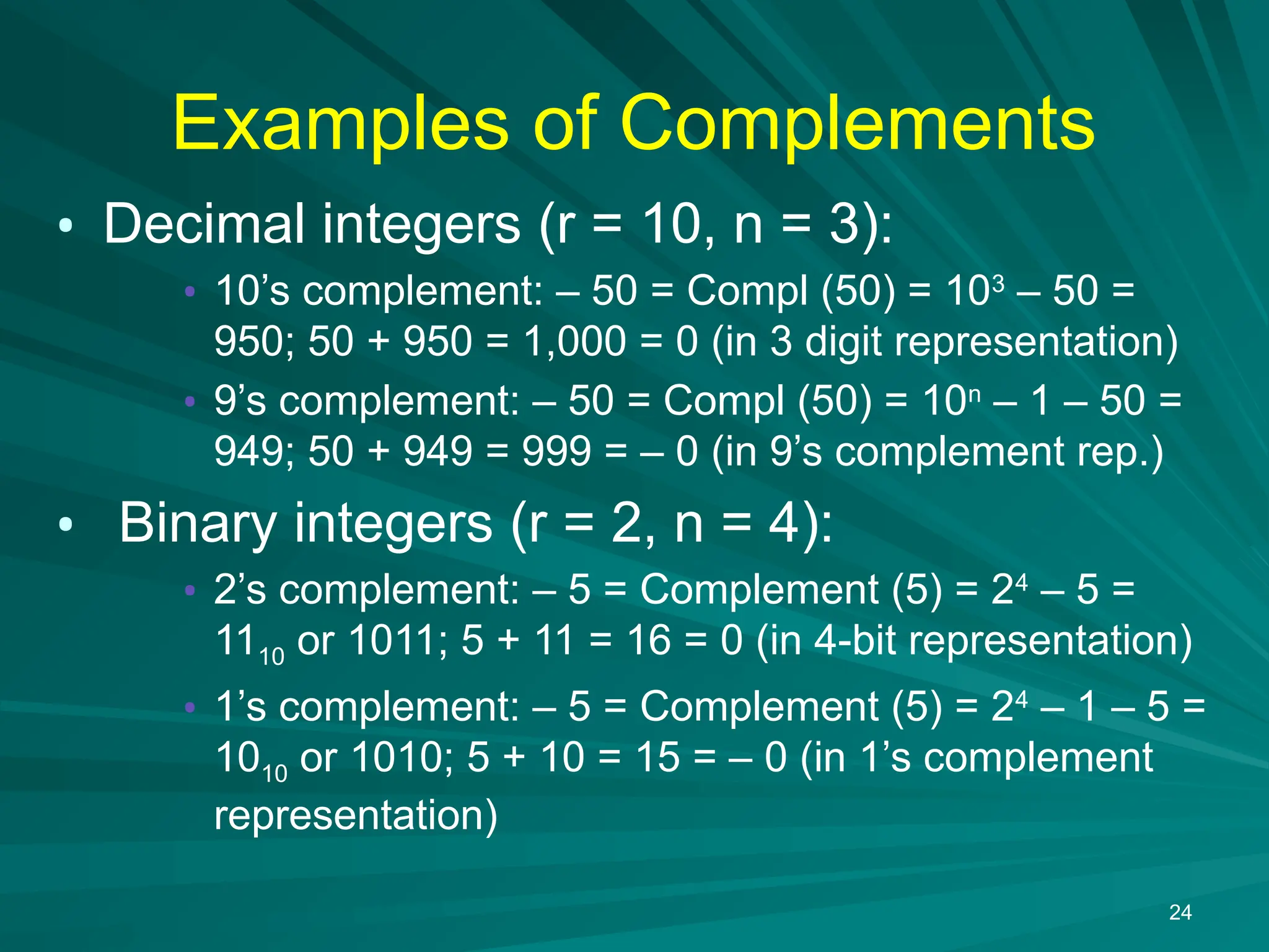 Examples of Complements
&bull; Decimal integers (r = 10, n = 3):
&bull; 10&rsquo;s complement: &ndash; 50 = Compl (50) = 103
&ndash; 50 =
950; 50 + 950 = 1,000 = 0 (in 3 digit representation)
&bull; 9&rsquo;s complement: &ndash; 50 = Compl (50) = 10n
&ndash; 1 &ndash; 50 =
949; 50 + 949 = 999 = &ndash; 0 (in 9&rsquo;s complement rep.)
&bull; Binary integers (r = 2, n = 4):
&bull; 2&rsquo;s complement: &ndash; 5 = Complement (5) = 24
&ndash; 5 =
1110 or 1011; 5 + 11 = 16 = 0 (in 4-bit representation)
&bull; 1&rsquo;s complement: &ndash; 5 = Complement (5) = 24
&ndash; 1 &ndash; 5 =
1010 or 1010; 5 + 10 = 15 = &ndash; 0 (in 1&rsquo;s complement
representation)
24
 