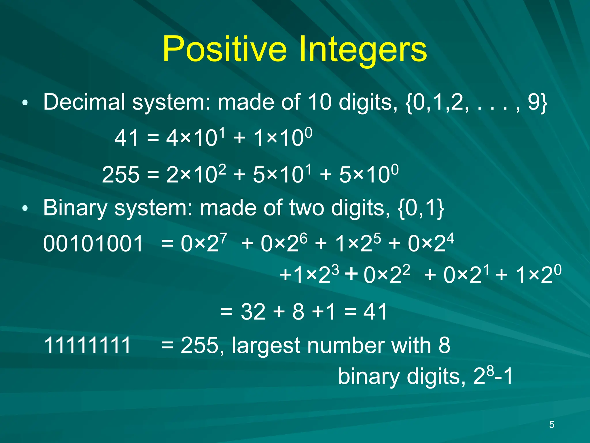 5
Positive Integers
&bull; Decimal system: made of 10 digits, {0,1,2, . . . , 9}
41 = 4&times;101
+ 1&times;100
255 = 2&times;102
+ 5&times;101
+ 5&times;100
&bull; Binary system: made of two digits, {0,1}
00101001 = 0&times;27
+ 0&times;26
+ 1&times;25
+ 0&times;24
+1&times;23
+ 0&times;22
+ 0&times;21
+ 1&times;20
= 32 + 8 +1 = 41
11111111 = 255, largest number with 8
binary digits, 28
-1
 