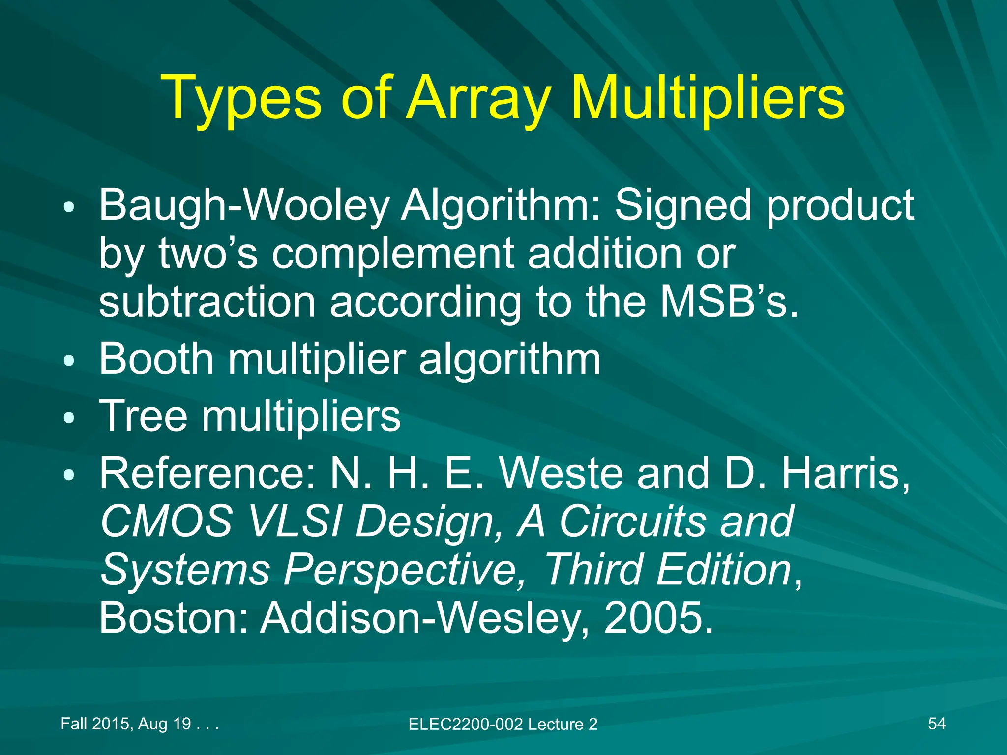 Fall 2015, Aug 19 . . . ELEC2200-002 Lecture 2 54
Types of Array Multipliers
&bull; Baugh-Wooley Algorithm: Signed product
by two&rsquo;s complement addition or
subtraction according to the MSB&rsquo;s.
&bull; Booth multiplier algorithm
&bull; Tree multipliers
&bull; Reference: N. H. E. Weste and D. Harris,
CMOS VLSI Design, A Circuits and
Systems Perspective, Third Edition,
Boston: Addison-Wesley, 2005.
 