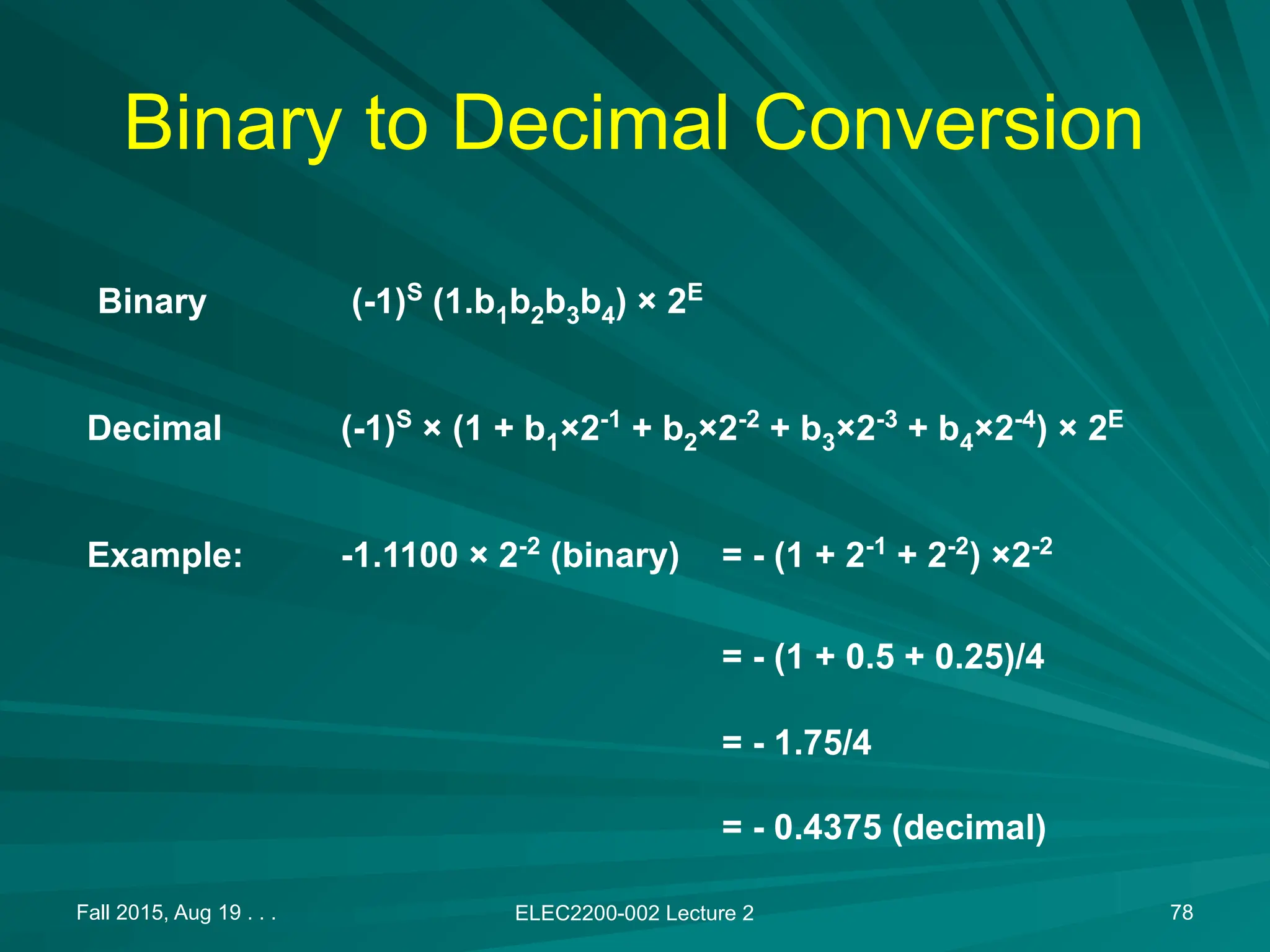 Fall 2015, Aug 19 . . . ELEC2200-002 Lecture 2 78
Binary to Decimal Conversion
Binary (-1)S
(1.b1b2b3b4) &times; 2E
Decimal (-1)S
&times; (1 + b1&times;2-1
+ b2&times;2-2
+ b3&times;2-3
+ b4&times;2-4
) &times; 2E
Example: -1.1100 &times; 2-2
(binary) = - (1 + 2-1
+ 2-2
) &times;2-2
= - (1 + 0.5 + 0.25)/4
= - 1.75/4
= - 0.4375 (decimal)
 