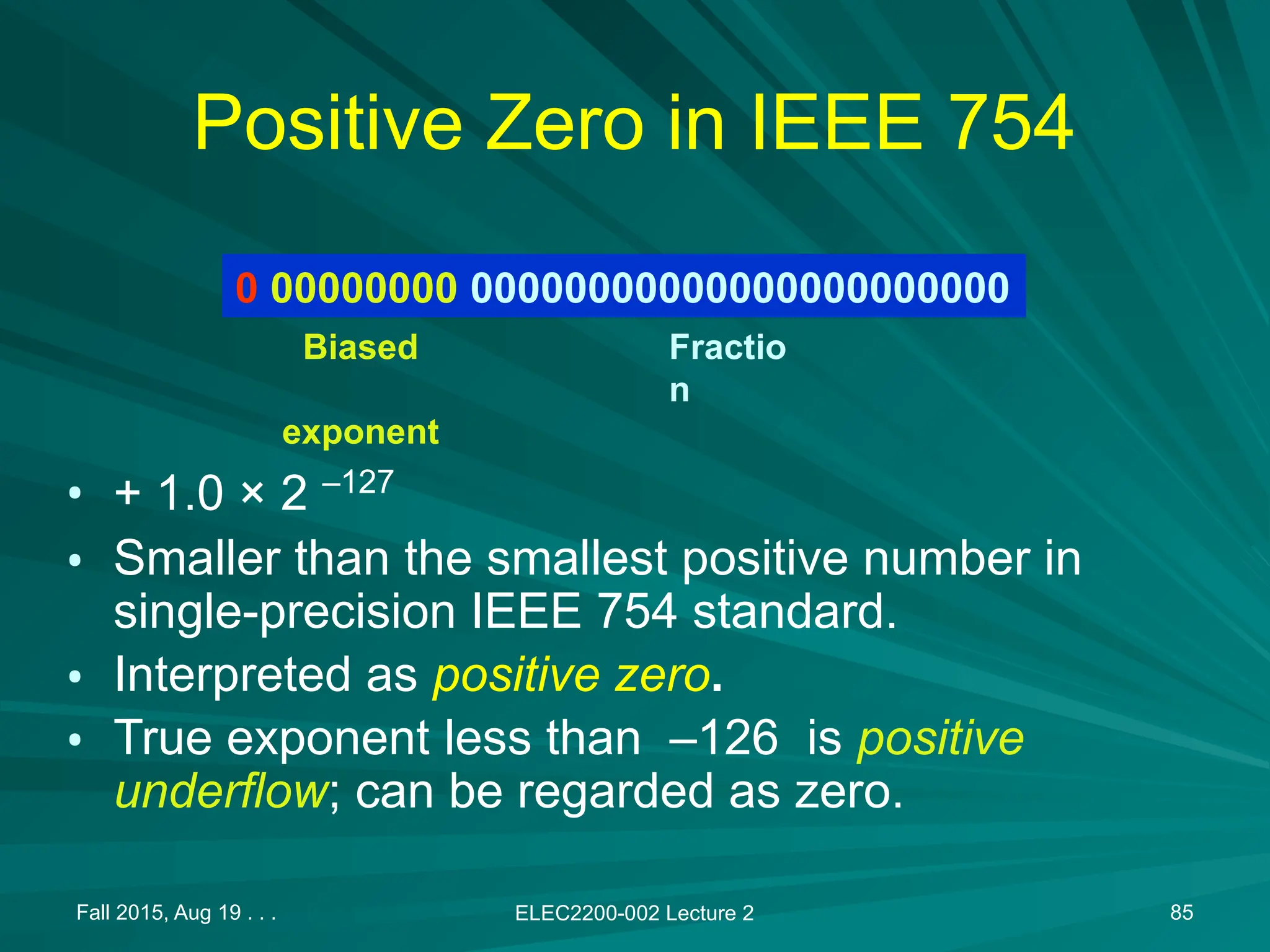 Fall 2015, Aug 19 . . . ELEC2200-002 Lecture 2 85
Positive Zero in IEEE 754
&bull; + 1.0 &times; 2 &ndash;127
&bull; Smaller than the smallest positive number in
single-precision IEEE 754 standard.
&bull; Interpreted as positive zero.
&bull; True exponent less than &ndash;126 is positive
underflow; can be regarded as zero.
0 00000000 00000000000000000000000
Biased
exponent
Fractio
n
 
