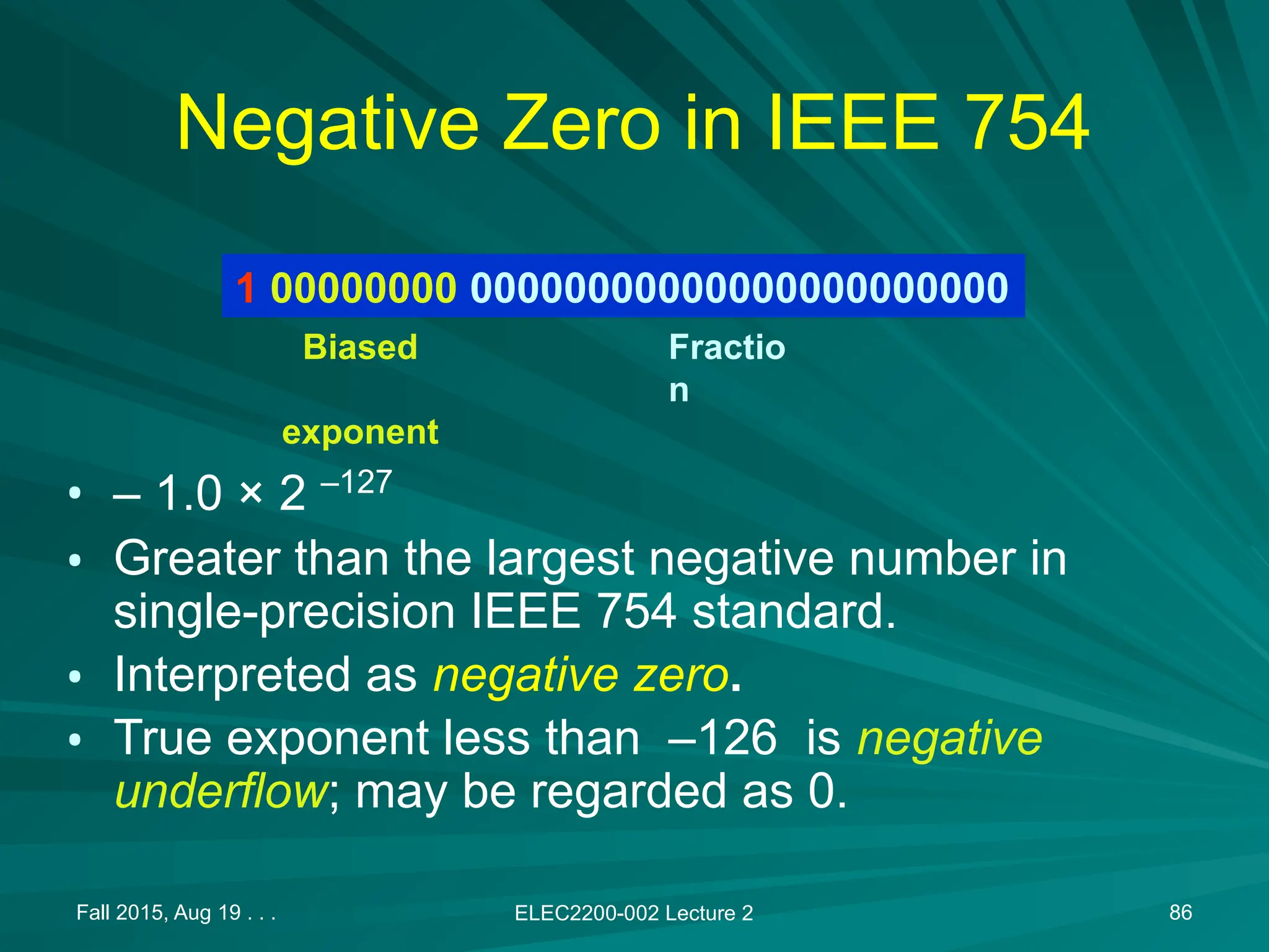 Fall 2015, Aug 19 . . . ELEC2200-002 Lecture 2 86
Negative Zero in IEEE 754
&bull; &ndash; 1.0 &times; 2 &ndash;127
&bull; Greater than the largest negative number in
single-precision IEEE 754 standard.
&bull; Interpreted as negative zero.
&bull; True exponent less than &ndash;126 is negative
underflow; may be regarded as 0.
1 00000000 00000000000000000000000
Biased
exponent
Fractio
n
 