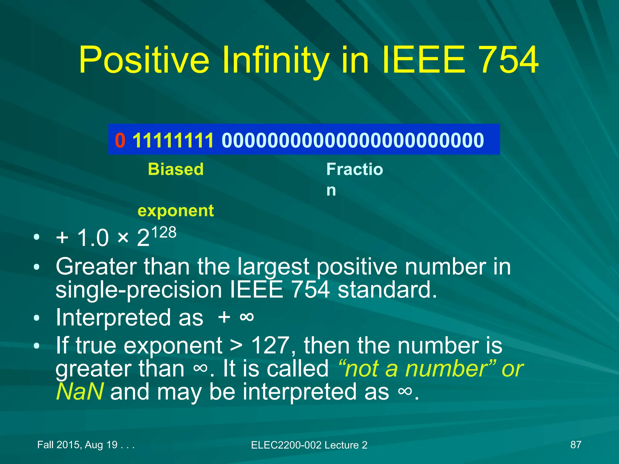 Fall 2015, Aug 19 . . . ELEC2200-002 Lecture 2 87
Positive Infinity in IEEE 754
&bull; + 1.0 &times; 2128
&bull; Greater than the largest positive number in
single-precision IEEE 754 standard.
&bull; Interpreted as + &infin;
&bull; If true exponent > 127, then the number is
greater than &infin;. It is called &ldquo;not a number&rdquo; or
NaN and may be interpreted as &infin;.
0 11111111 00000000000000000000000
Biased
exponent
Fractio
n
 