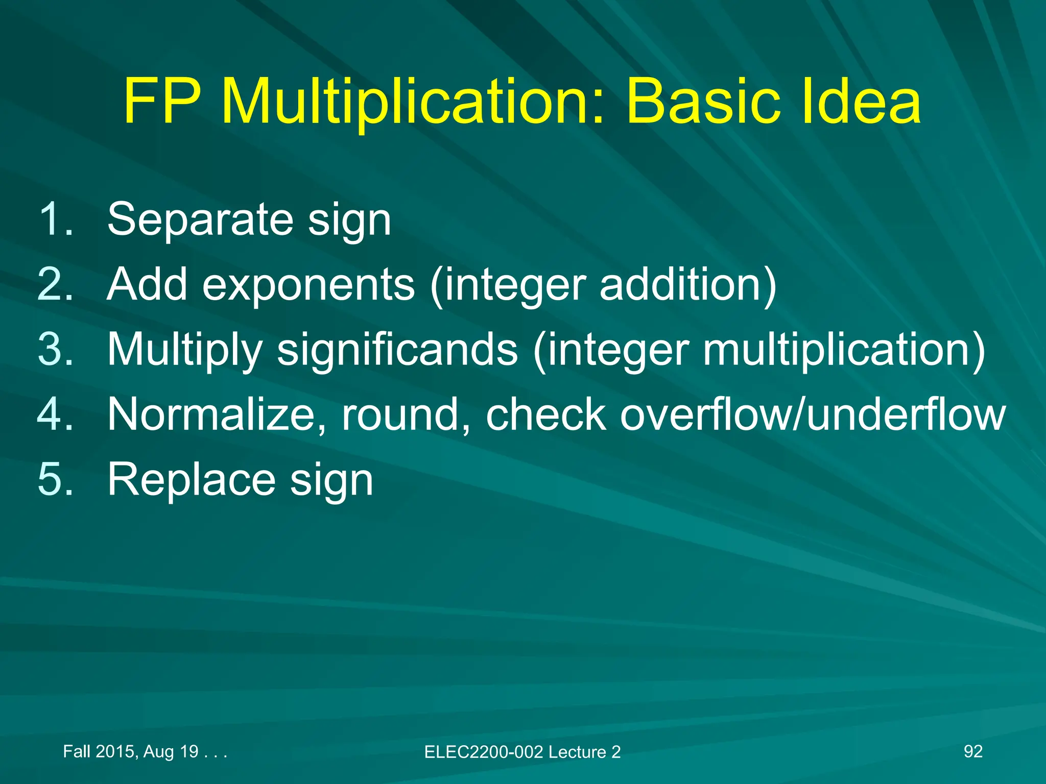 Fall 2015, Aug 19 . . . ELEC2200-002 Lecture 2 92
FP Multiplication: Basic Idea
1. Separate sign
2. Add exponents (integer addition)
3. Multiply significands (integer multiplication)
4. Normalize, round, check overflow/underflow
5. Replace sign
 