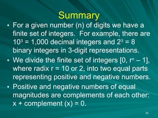Summary
• For a given number (n) of digits we have a
finite set of integers. For example, there are
103
= 1,000 decimal integers and 23
= 8
binary integers in 3-digit representations.
• We divide the finite set of integers [0, rn
– 1],
where radix r = 10 or 2, into two equal parts
representing positive and negative numbers.
• Positive and negative numbers of equal
magnitudes are complements of each other:
x + complement (x) = 0.
20
 