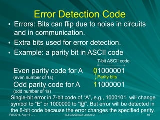 Error Detection Code
• Errors: Bits can flip due to noise in circuits
and in communication.
• Extra bits used for error detection.
• Example: a parity bit in ASCII code
Fall 2015, Aug 19 . . . ELEC2200-002 Lecture 2 69
Even parity code for A 01000001
(even number of 1s)
Odd parity code for A 11000001
(odd number of 1s)
7-bit ASCII code
Parity bits
Single-bit error in 7-bit code of “A”, e.g., 1000101, will change
symbol to “E” or 1000000 to “@”. But error will be detected in
the 8-bit code because the error changes the specified parity.
 
