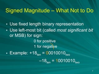 7
Signed Magnitude – What Not to Do
• Use fixed length binary representation
• Use left-most bit (called most significant bit
or MSB) for sign:
0 for positive
1 for negative
• Example: +18ten = 00010010two
–18ten = 10010010two
 