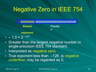 Fall 2015, Aug 19 . . . ELEC2200-002 Lecture 2 86
Negative Zero in IEEE 754
• – 1.0 × 2 –127
• Greater than the largest negative number in
single-precision IEEE 754 standard.
• Interpreted as negative zero.
• True exponent less than –126 is negative
underflow; may be regarded as 0.
1 00000000 00000000000000000000000
Biased
exponent
Fractio
n
 