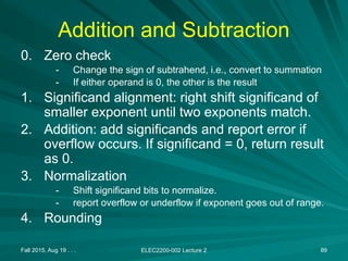 Fall 2015, Aug 19 . . . ELEC2200-002 Lecture 2 89
Addition and Subtraction
0. Zero check
- Change the sign of subtrahend, i.e., convert to summation
- If either operand is 0, the other is the result
1. Significand alignment: right shift significand of
smaller exponent until two exponents match.
2. Addition: add significands and report error if
overflow occurs. If significand = 0, return result
as 0.
3. Normalization
- Shift significand bits to normalize.
- report overflow or underflow if exponent goes out of range.
4. Rounding
 