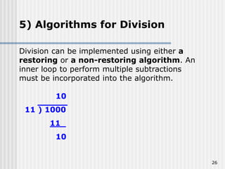 26
Division can be implemented using either a
restoring or a non-restoring algorithm. An
inner loop to perform multiple subtractions
must be incorporated into the algorithm.
5) Algorithms for Division
10
11 ) 1000
11_
10
 