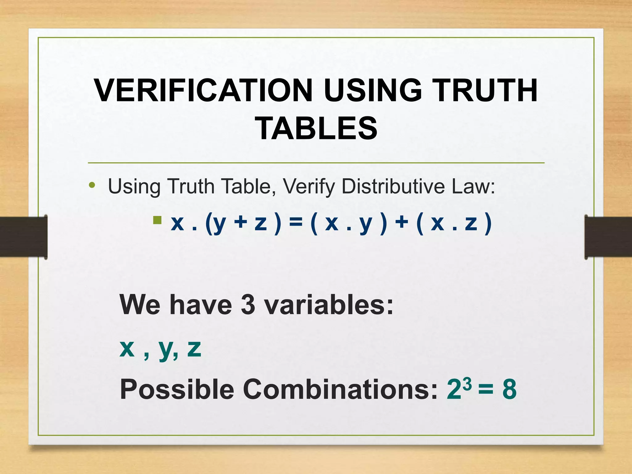 VERIFICATION USING TRUTH
TABLES
• Using Truth Table, Verify Distributive Law:
 x . (y + z ) = ( x . y ) + ( x . z )
We have 3 variables:
x , y, z
Possible Combinations: 23 = 8
 