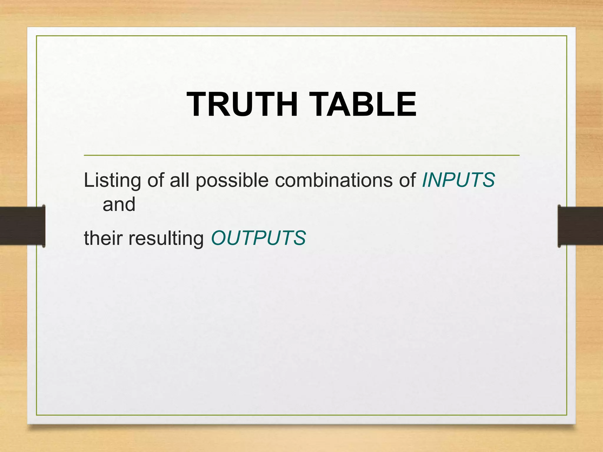 TRUTH TABLE
Listing of all possible combinations of INPUTS
and
their resulting OUTPUTS
 