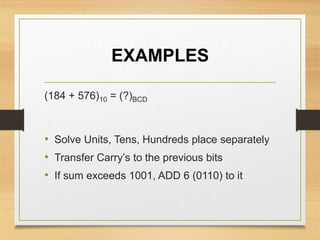 EXAMPLES
(184 + 576)10 = (?)BCD
• Solve Units, Tens, Hundreds place separately
• Transfer Carry’s to the previous bits
• If sum exceeds 1001, ADD 6 (0110) to it
 