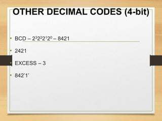 OTHER DECIMAL CODES (4-bit)
• BCD – 23222120 – 8421
• 2421
• EXCESS – 3
• 842’1’
 