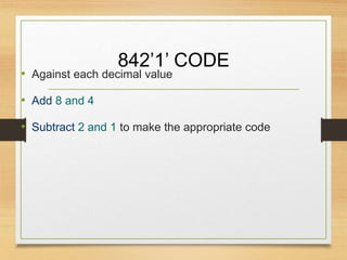 842’1’ CODE
• Against each decimal value
• Add 8 and 4
• Subtract 2 and 1 to make the appropriate code
 