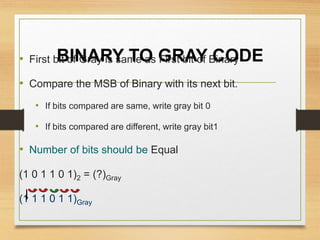 BINARY TO GRAY CODE• First bit of Gray is same as First bit of Binary
• Compare the MSB of Binary with its next bit.
• If bits compared are same, write gray bit 0
• If bits compared are different, write gray bit1
• Number of bits should be Equal
(1 0 1 1 0 1)2 = (?)Gray
(1 1 1 0 1 1)Gray
 