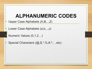 ALPHANUMERIC CODES
• Upper Case Alphabets (A,B,..,Z)
• Lower Case Alphabets (a,b,..,z)
• Numeric Values (0,1,2…)
• Special Characters (@,$,*,%,#,^,…etc)
 