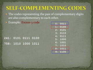  The codes representing the pair of complementary digits
are also complementary to each other.
 Example: Excess-3 code 0: 0011
1: 0100
2: 0101
3: 0110
4: 0111
5: 1000
6: 1001
7: 1010
8: 1011
9: 1100
241: 0101 0111 0100
758: 1010 1000 1011
 