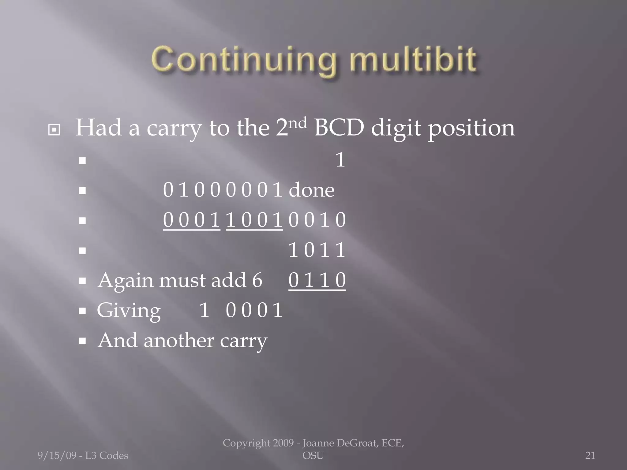  Had a carry to the 2nd BCD digit position
 1
 0 1 0 0 0 0 0 1 done
 0 0 0 1 1 0 0 1 0 0 1 0
 1 0 1 1
 Again must add 6 0 1 1 0
 Giving 1 0 0 0 1
 And another carry
9/15/09 - L3 Codes
Copyright 2009 - Joanne DeGroat, ECE,
OSU 21
 