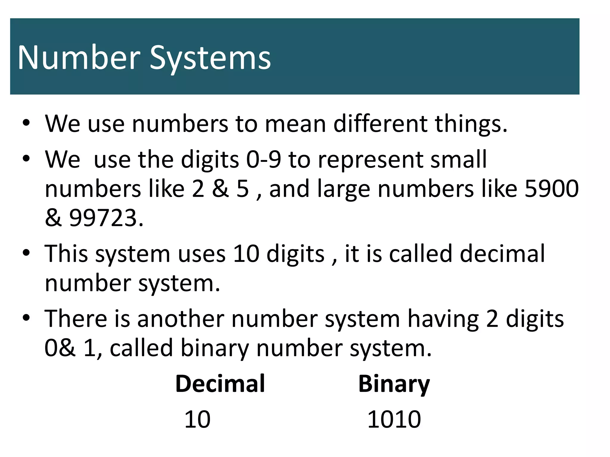 Number Systems
• We use numbers to mean different things.
• We use the digits 0-9 to represent small
numbers like 2 & 5 , and large numbers like 5900
& 99723.
• This system uses 10 digits , it is called decimal
number system.
• There is another number system having 2 digits
0& 1, called binary number system.
Decimal Binary
10 1010
 