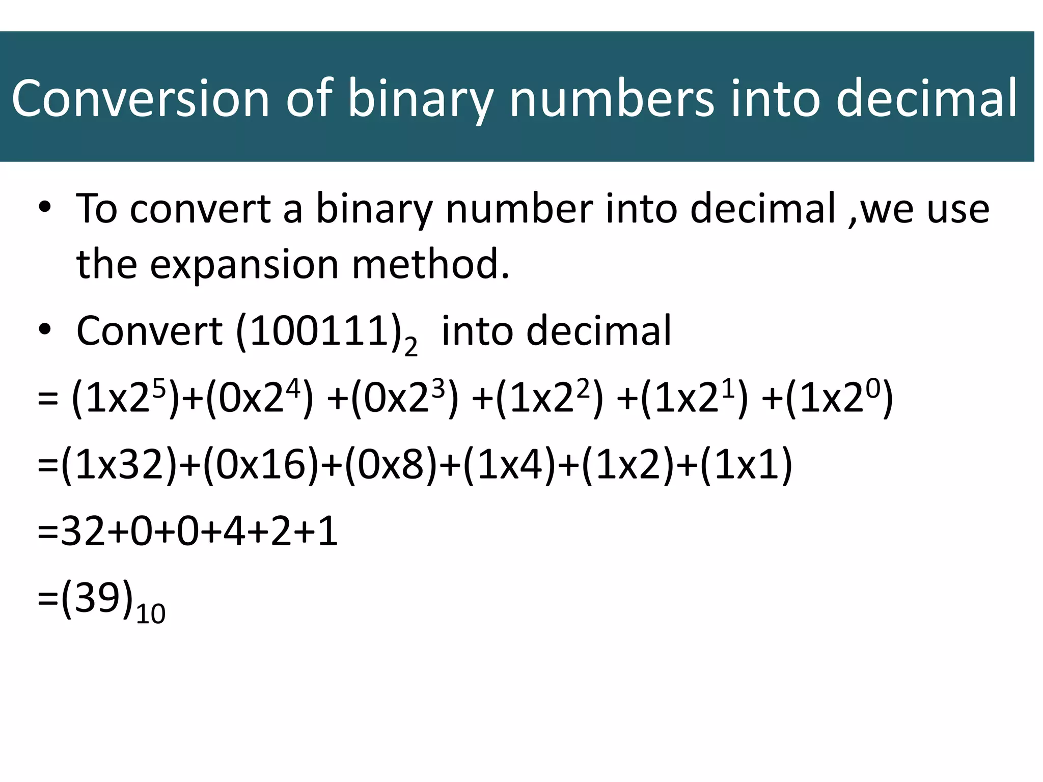 Conversion of binary numbers into decimal
• To convert a binary number into decimal ,we use
the expansion method.
• Convert (100111)2 into decimal
= (1x25)+(0x24) +(0x23) +(1x22) +(1x21) +(1x20)
=(1x32)+(0x16)+(0x8)+(1x4)+(1x2)+(1x1)
=32+0+0+4+2+1
=(39)10
 