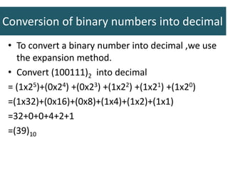 Conversion of binary numbers into decimal
• To convert a binary number into decimal ,we use
the expansion method.
• Convert (100111)2 into decimal
= (1x25)+(0x24) +(0x23) +(1x22) +(1x21) +(1x20)
=(1x32)+(0x16)+(0x8)+(1x4)+(1x2)+(1x1)
=32+0+0+4+2+1
=(39)10
 