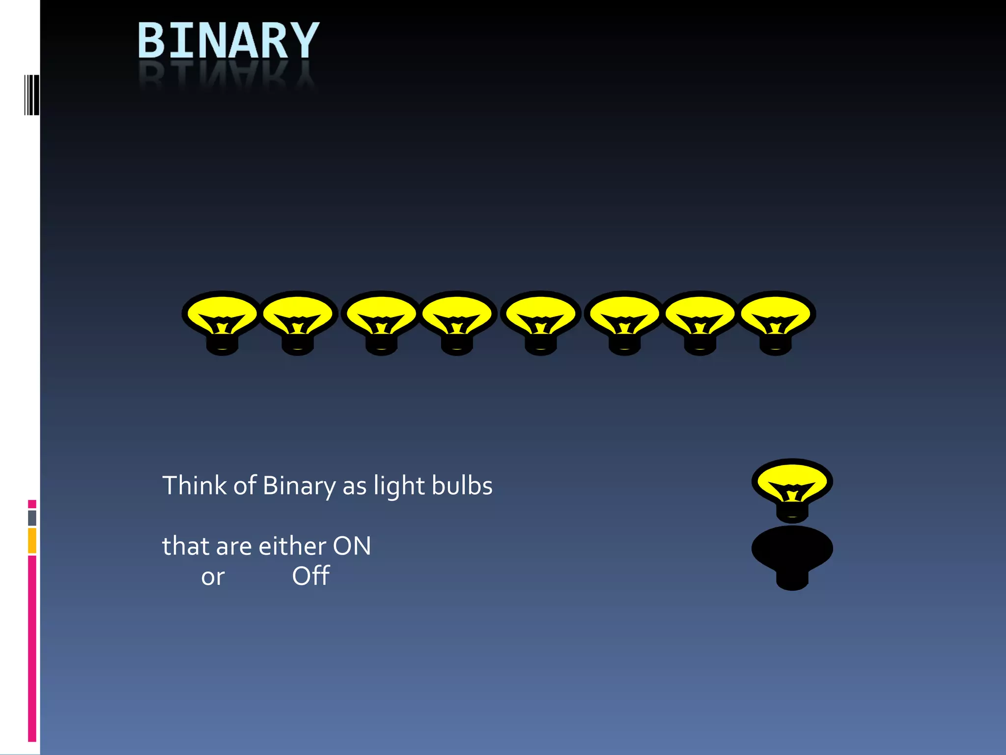 Think of Binary as light bulbs

that are either ON
   or       Off
 