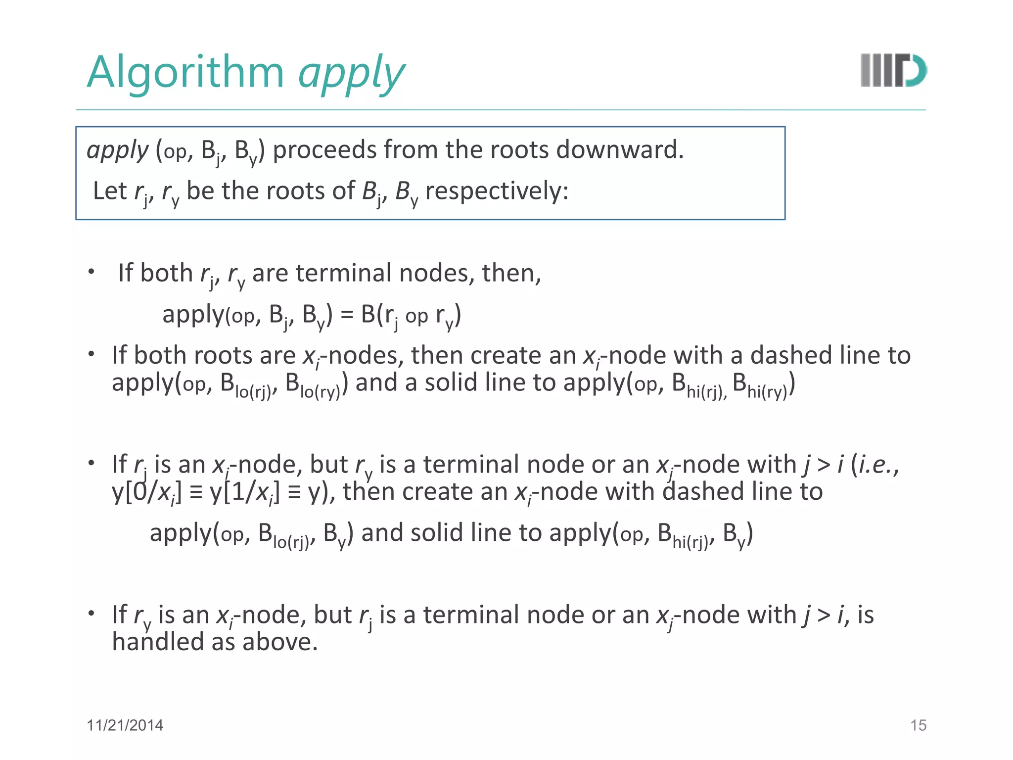 Algorithm apply 
apply (op, Bj, By) proceeds from the roots downward. 
Let rj, ry be the roots of Bj, By respectively: 
 If both rj, ry are terminal nodes, then, 
apply(op, Bj, By) = B(rj op ry) 
If both roots are xi-nodes, then create an xi-node with a dashed line to apply(op, Blo(rj), Blo(ry)) and a solid line to apply(op, Bhi(rj), Bhi(ry)) 
If rj is an xi-node, but ry is a terminal node or an xj-node with j > i (i.e., y[0/xi] ≡ y[1/xi] ≡ y), then create an xi-node with dashed line to 
apply(op, Blo(rj), By) and solid line to apply(op, Bhi(rj), By) 
If ry is an xi-node, but rj is a terminal node or an xj-node with j > i, is handled as above. 
15 
11/21/2014  