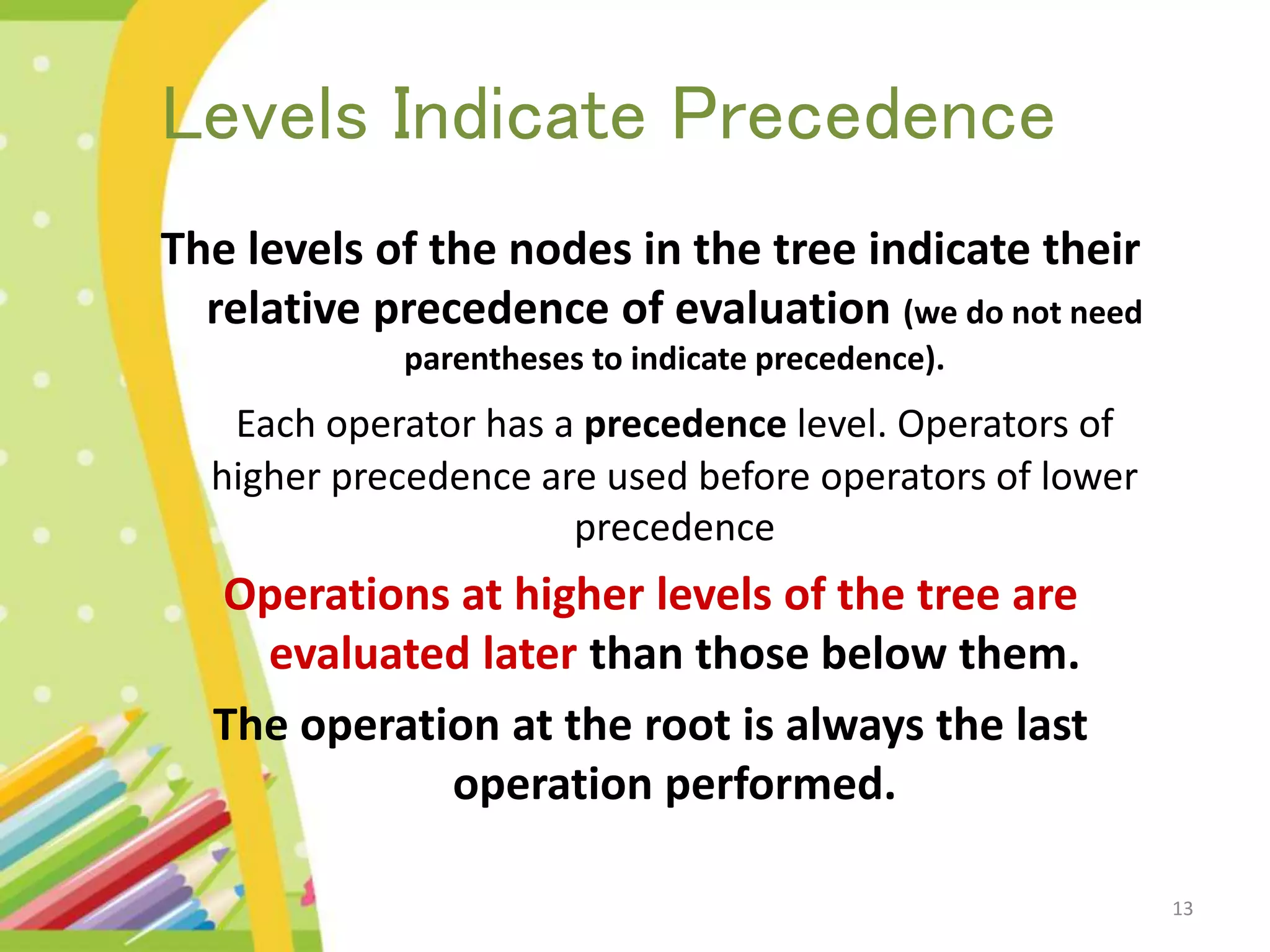 13 Levels Indicate Precedence The levels of the nodes in the tree indicate their relative precedence of evaluation (we do not need parentheses to indicate precedence). Each operator has a precedence level. Operators of higher precedence are used before operators of lower precedence Operations at higher levels of the tree are evaluated later than those below them. The operation at the root is always the last operation performed. 