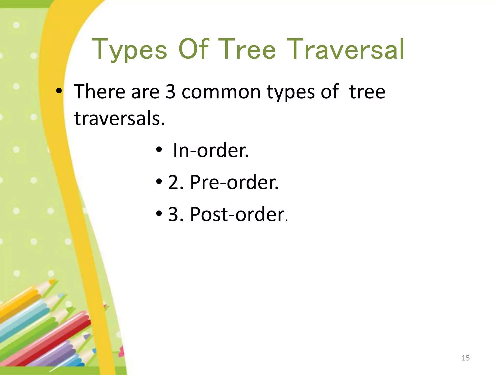 Types Of Tree Traversal • There are 3 common types of tree traversals. • In-order. • 2. Pre-order. • 3. Post-order. 15 