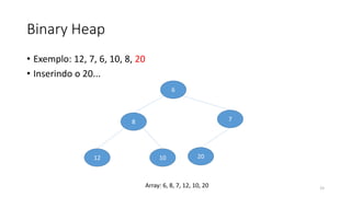 Binary Heap
• Exemplo: 12, 7, 6, 10, 8, 20
• Inserindo o 20...
6
8 7
12 10 20
15Array: 6, 8, 7, 12, 10, 20
 
