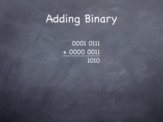 Adding Binary

      0001 0111
   + 0000 0011
          1010
 