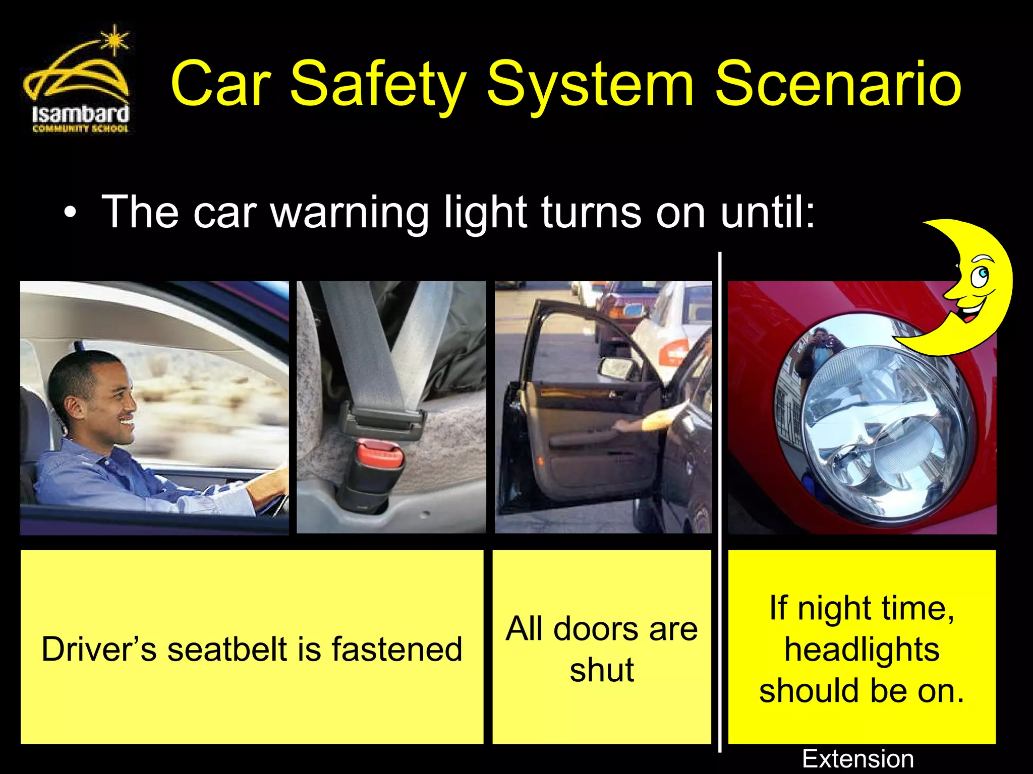 Car Safety System Scenario The car warning light turns on until: Driver’s seatbelt is fastened All doors are shut If night time, headlights should be on. Extension 