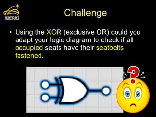 Challenge Using the  XOR  (exclusive OR) could you adapt your logic diagram to check if all  occupied  seats have their  seatbelts fastened . 