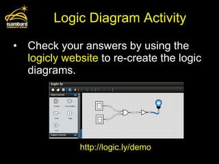Logic Diagram Activity Check your answers by using the  logicly   website  to re-create the logic diagrams. http://logic.ly/demo 