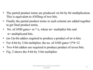• The partial product terms are produced via bit by bit multiplication.
This is equivalent to ANDing of two bits.
• Finally the partial product terms in each column are added together
to get final product terms.
• No. of AND gates= m * n, where m= multiplier bits and
n= multiplicand bits.
• (m-1)n-bit adders required to produce a product of m+n bits.
• For 4-bit by 3-bit multiplier, the no. of AND gates=3*4=12
• Two 4-bit adders are required to produce product of seven bits.
• Fig. 2 shows the 4-bit by 3-bit multiplier.
SYED HASAN SAEED, INTEGRAL UNIVERSITY
LUCKNOW
10
 