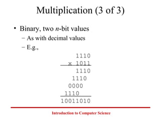 Introduction to Computer Science
Multiplication (3 of 3)
• Binary, two n-bit values
– As with decimal values
– E.g.,
1110
x 1011
1110
1110
0000
1110
10011010
 