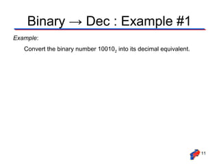 Binary → Dec : Example #1
Example:
   Convert the binary number 100102 into its decimal equivalent.




                                                                   11
 