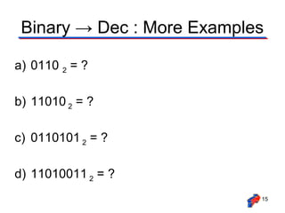 Binary → Dec : More Examples

a) 0110 2 = ?

b) 11010 2 = ?

c) 0110101 2 = ?

d) 11010011 2 = ?
                            15
 