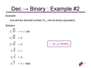 Dec → Binary : Example #2
Example:
    Convert the decimal number 4110 into its binary equivalent.

Solution:
      20
    2 41    r = 1 ← LSB
     10
   2 20     r=0
      5
   2 10     r=0                        ∴ 4110 = 1010012
      2
    2 5     r =1
      1
    2 2     r=0
      0
    2 1     r = 1 ← MSB                                           7
 