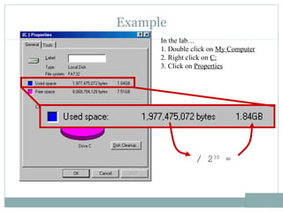 Example
/ 230
=
In the lab…
1. Double click on My Computer
2. Right click on C:
3. Click on Properties
 